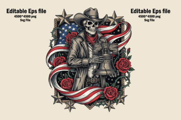 Skeleton Cowboy Holding Liberty Bell: A Bold Graphic for Memorable Embroidery Projects